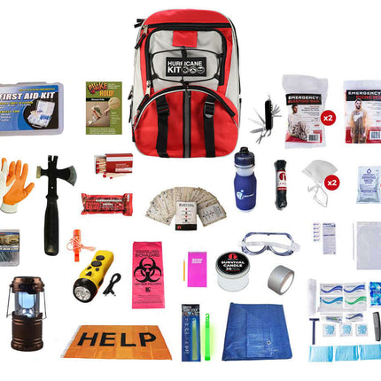Hurricane Emergency Kit Backpack with survival supplies including first aid, food, lighting, and hygiene essentials.