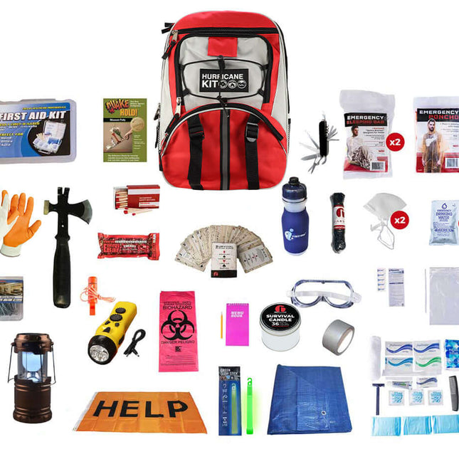 Hurricane Emergency Kit Backpack with survival supplies including first aid, food, lighting, and hygiene essentials.