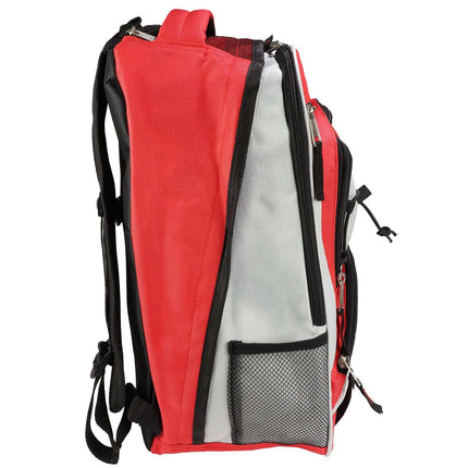Red hurricane emergency kit backpack showcasing durable and organized compartments for survival essentials.