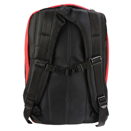 Black and red hurricane emergency kit backpack with padded straps for comfort and durability.