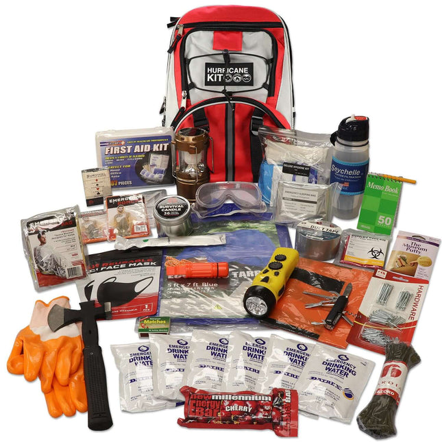 Hurricane Emergency Kit Backpack with survival supplies including food, water, and tools for 24-hour readiness.