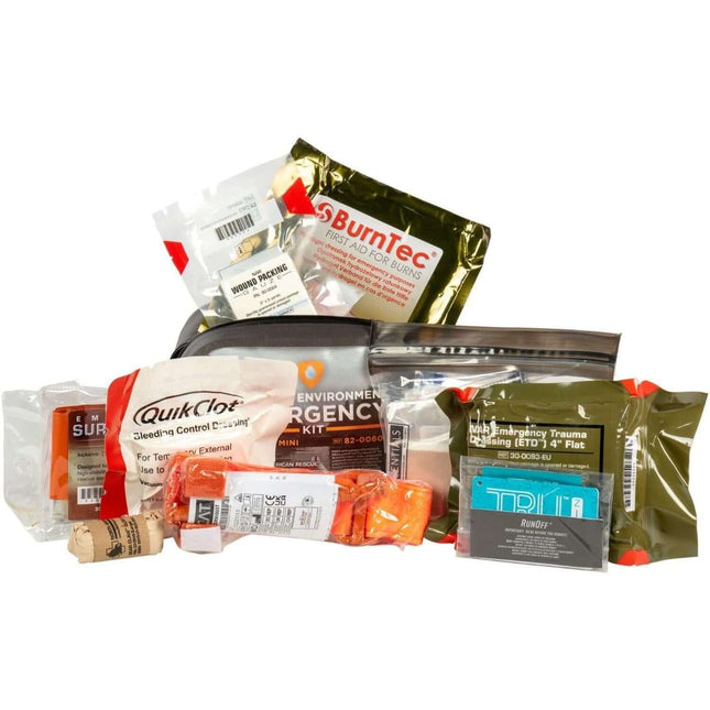 Critical Environment Emergency Kit contents including medical supplies and trauma gear for outdoor emergencies.
