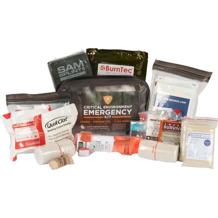 Critical Environment Emergency Kit contents including medical supplies and gear for outdoor preparedness.