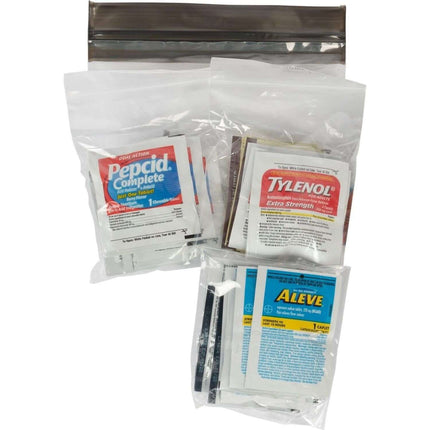 Critical Environment Emergency Kit with medication packets including Pepcid, Tylenol, and Aleve in resealable bags.