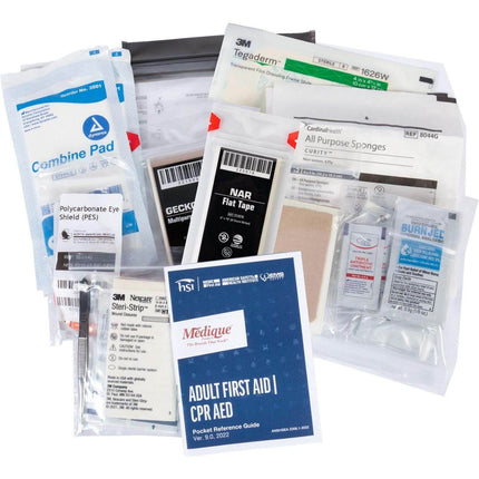Collection of medical supplies in the Critical Environment Emergency Kit for emergency preparedness and safety.