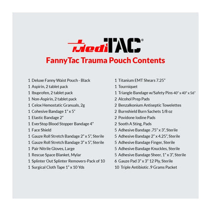 Contents of First Aid Fanny Pack: trauma pouch with essential medical supplies and gear for emergencies.