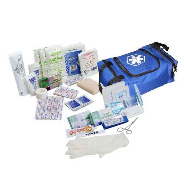 First Responder Jump Bag with medical supplies, gloves, and tools for emergency response and immediate medical intervention.
