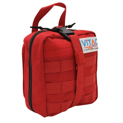 ViTAC Adventurer First Aid Kit in a water-resistant red pouch, designed for hiking and tactical conditions.
