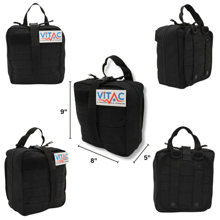 ViTAC Adventurer First Aid Kit showing multiple views, dimensions: 9"x8"x5", featuring tactical black design and sturdy handles.