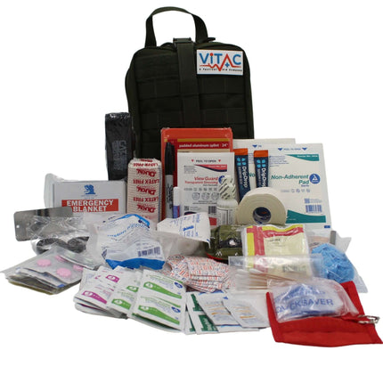ViTAC Adventurer First Aid Kit with trauma tools and emergency supplies, compact and ready for outdoor use.