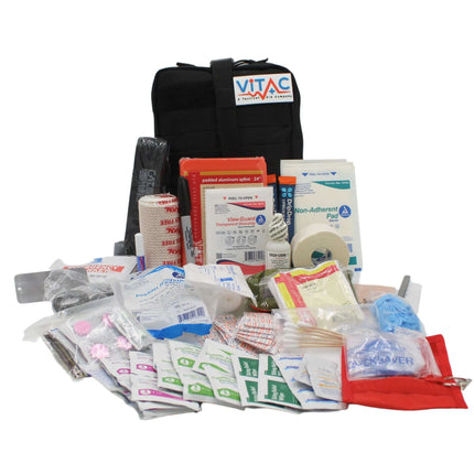 ViTAC Adventurer EMS-Grade First Aid Kit with trauma tools and medical supplies, packed in a durable nylon pouch.