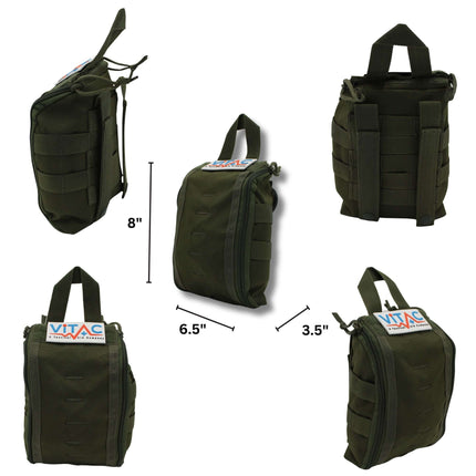 ViTAC Tactical Individual First Aid Kit (IFAK) shown from multiple angles, illustrating compact design and dimensions.