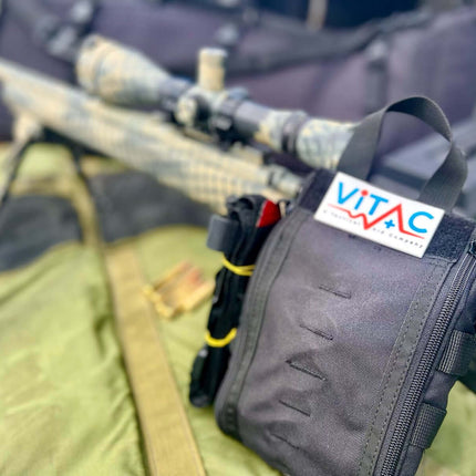 ViTAC Tactical Individual First Aid Kit (IFAK) close-up on a tactical setup, designed for emergency medical support.