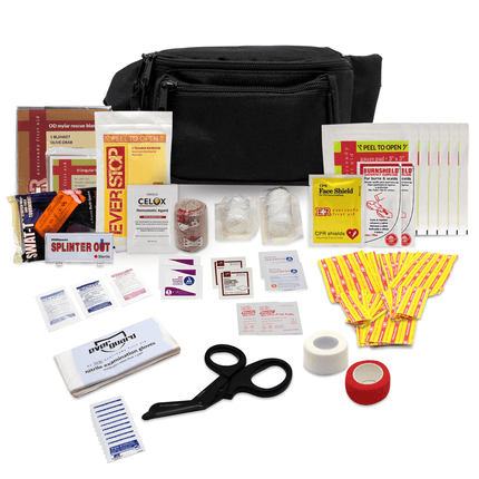 first aid fanny pack with essential supplies like bandages, gauze, scissors, and burn treatment for quick access.