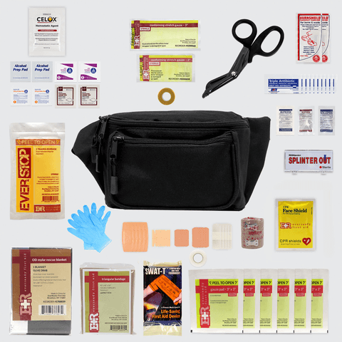First aid fanny pack with essential supplies including bandages, scissors, and treatment packets for outdoor adventures.