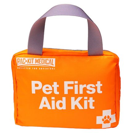 Bright orange Pet First Aid Kit bag with handles, designed for pet emergencies on-the-go.