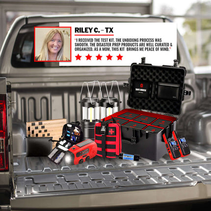 The Safe House - 72-Hour Emergency Essentials Kit displayed in truck bed with review and items organized.