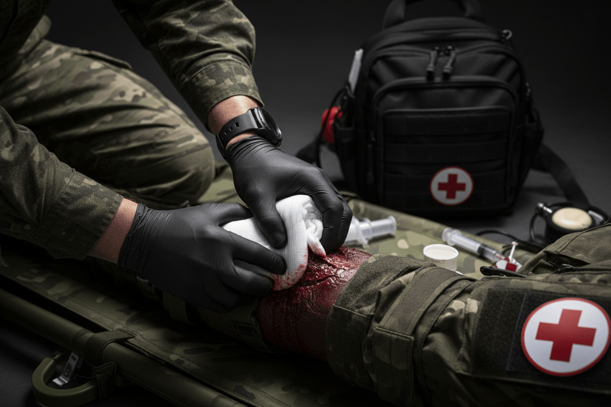 How Hemostatic Gauze Can Help Save Lives in a Bleeding Emergency - soldier applying first aid to a bleeding injury.