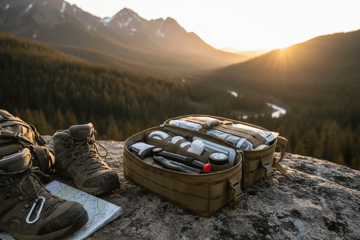 Adventure first aid kit essentials packed in a sturdy bag beside hiking boots on a rocky terrain.