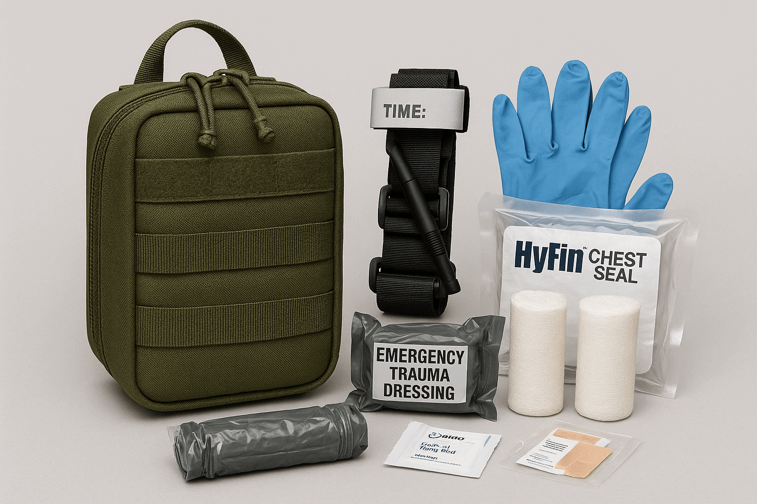 Individual First Aid Kit featuring various medical supplies, including trauma dressing and a chest seal.