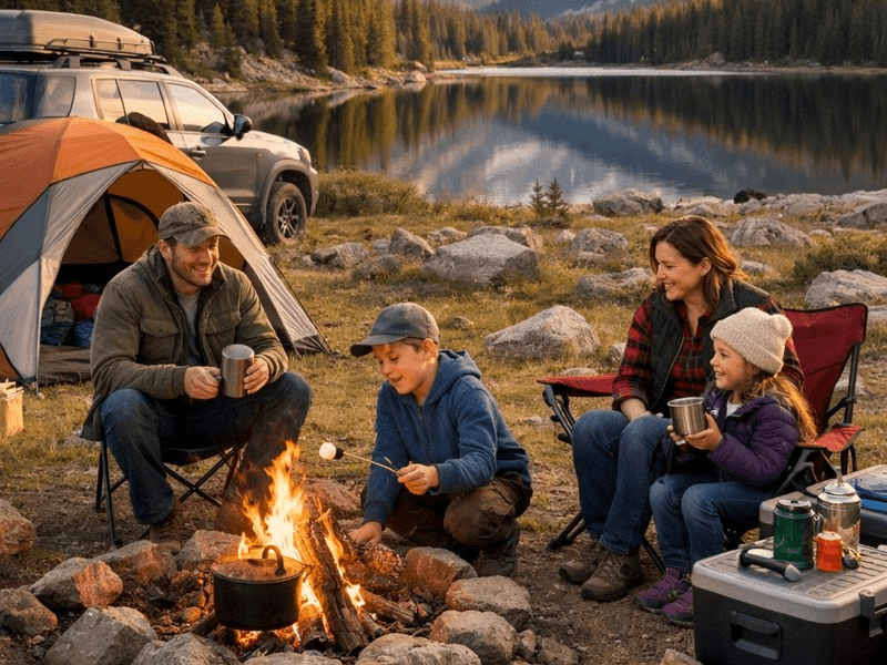 Family camping by a lake, roasting marshmallows, enjoying nature, essential for First Aid Kit for Camping checklist.