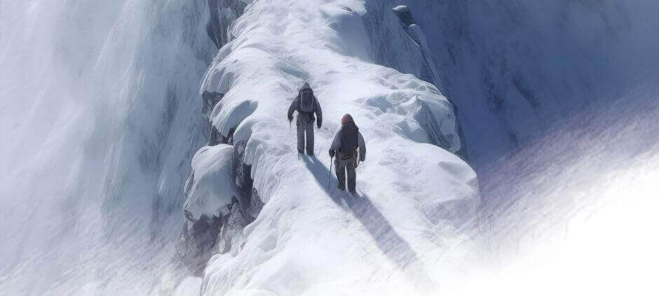 ViTAC's Guide to Proper Layering for Cold Weather: two hikers navigating a snowy cliff.