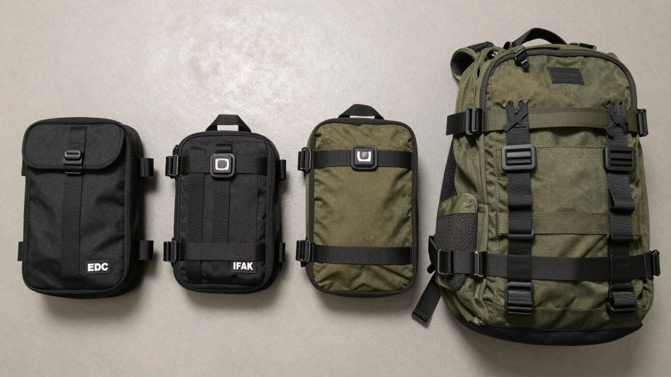 Four different trauma kits: EDC, vehicle, IFAK, and backpack.