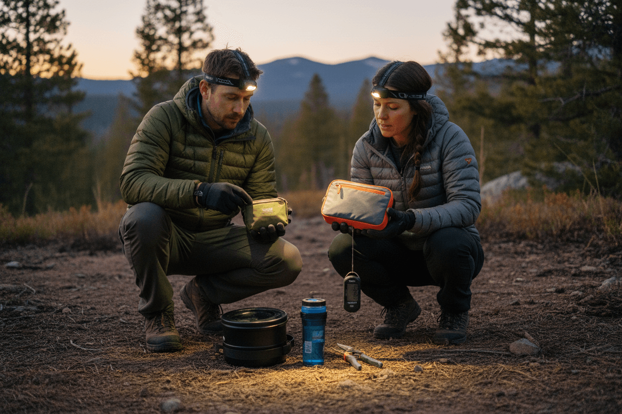 Two hikers preparing first aid gear while backpacking & hiking in a wooded area at dusk.