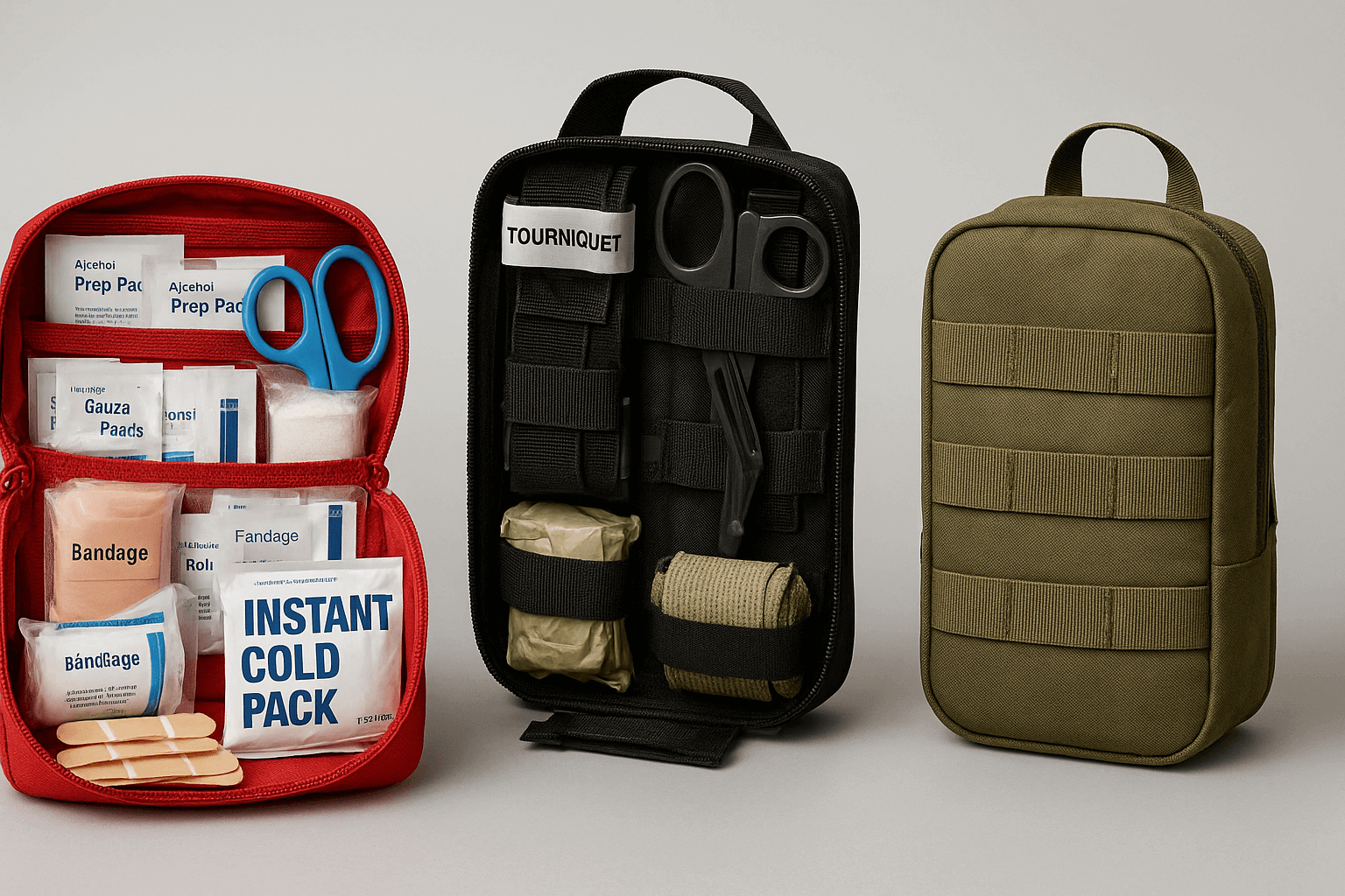 First Aid Kits, trauma kits, and IFAKs displayed side by side for comparison in emergency preparedness.