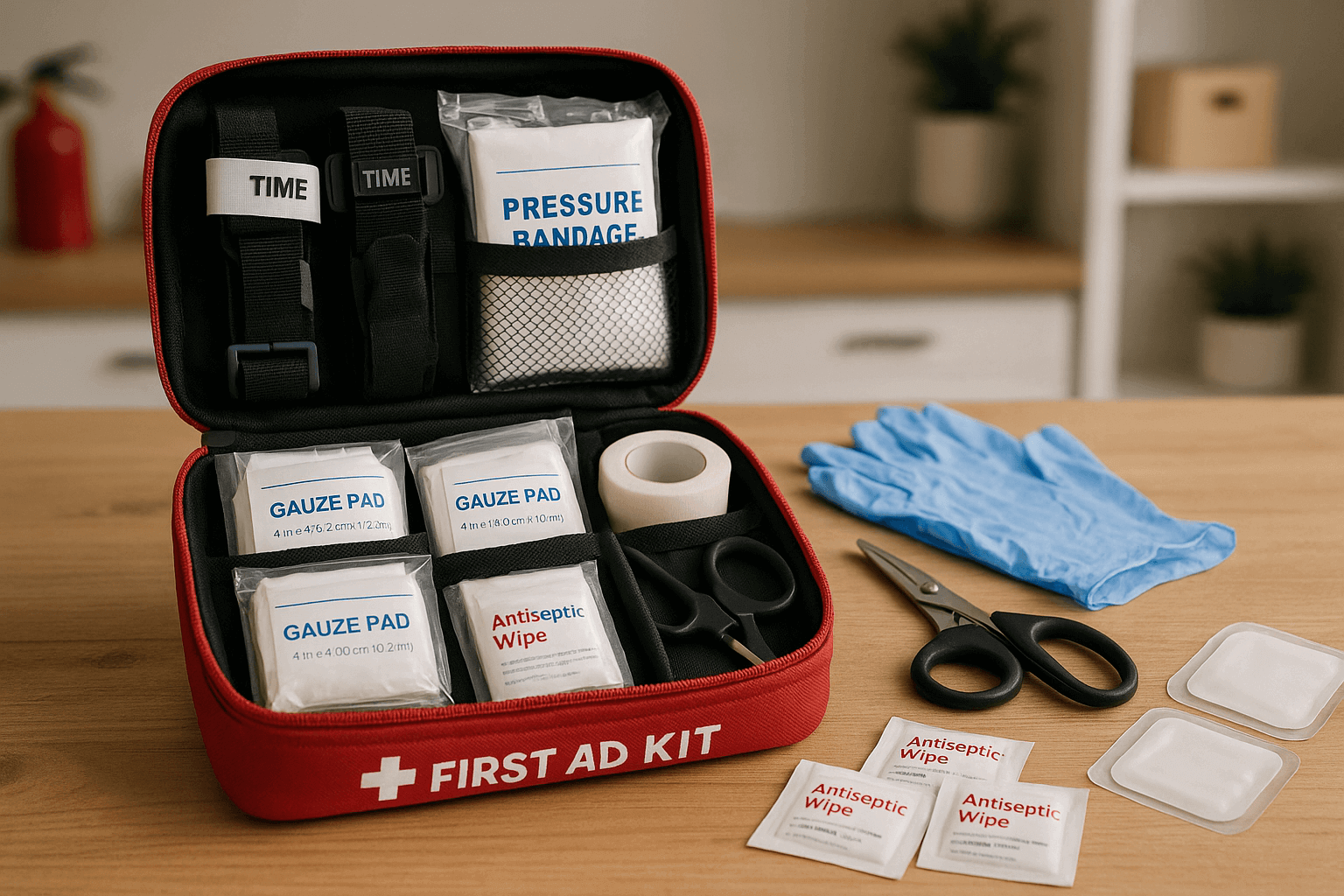 Essential first aid supplies in a red first aid kit, including gauze pads, antiseptic wipes, and a pressure bandage.