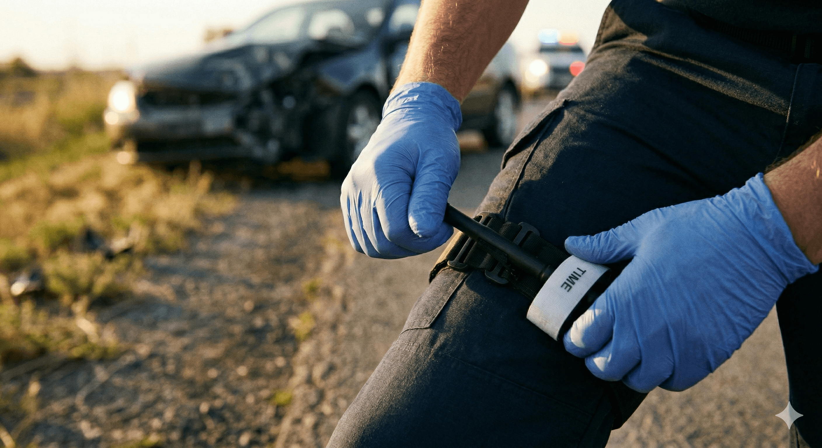 Car Trauma Kit Essentials for bleeding control in a roadside emergency with a responder applying a tourniquet.