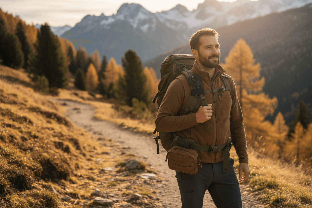 Man hiking in the mountains during golden hour, symbolizing readiness for golden hour first aid.