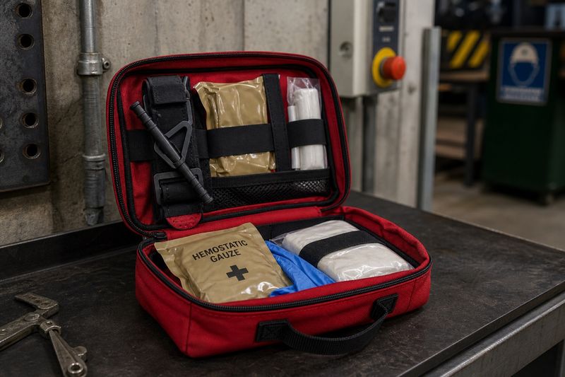 Workplace bleed control kit requirements including hemostatic gauze and tourniquets.