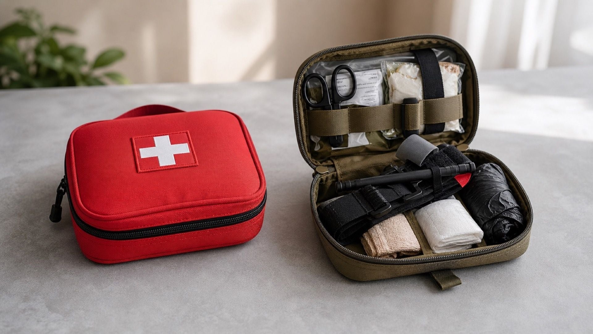 First aid kit and IFAK side by side on a work surface