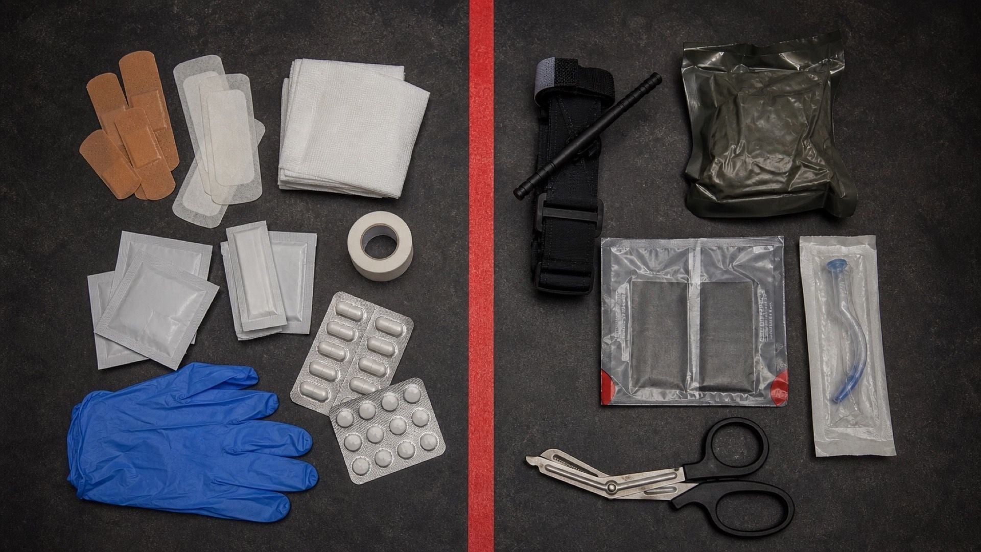 First aid kit and trauma kit comparison on a vehicle tailgate
