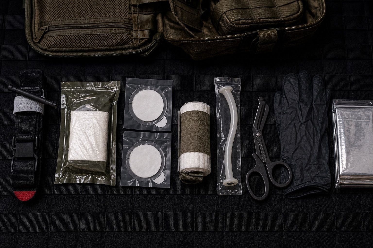 IFAK components laid out and labeled on a flat surface
