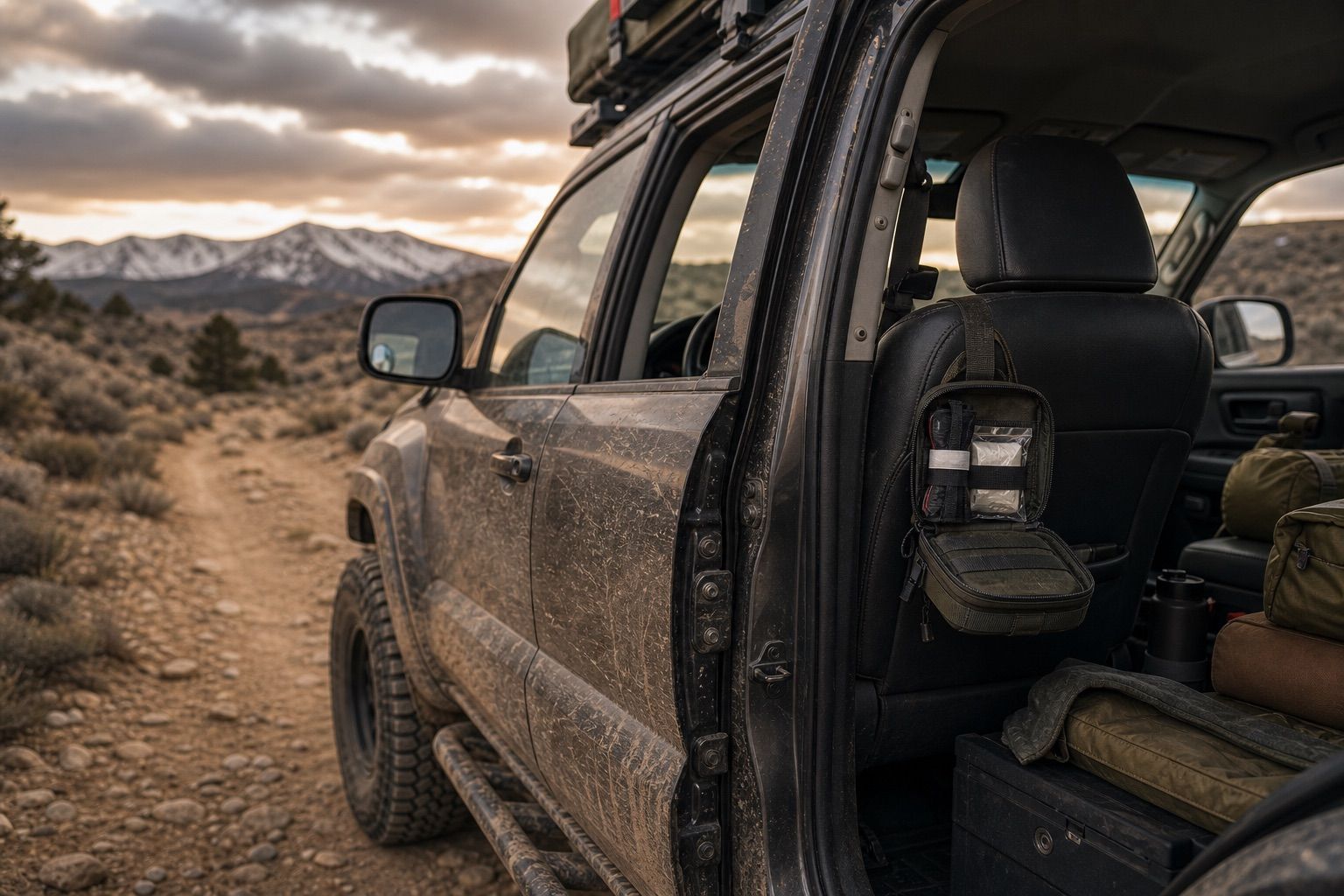 Overlanding first aid kit staged on a vehicle bumper in a remote setting