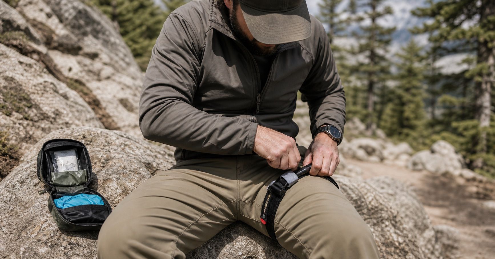 Person applying first aid for remote injuries while seated on a rock in a forested area.