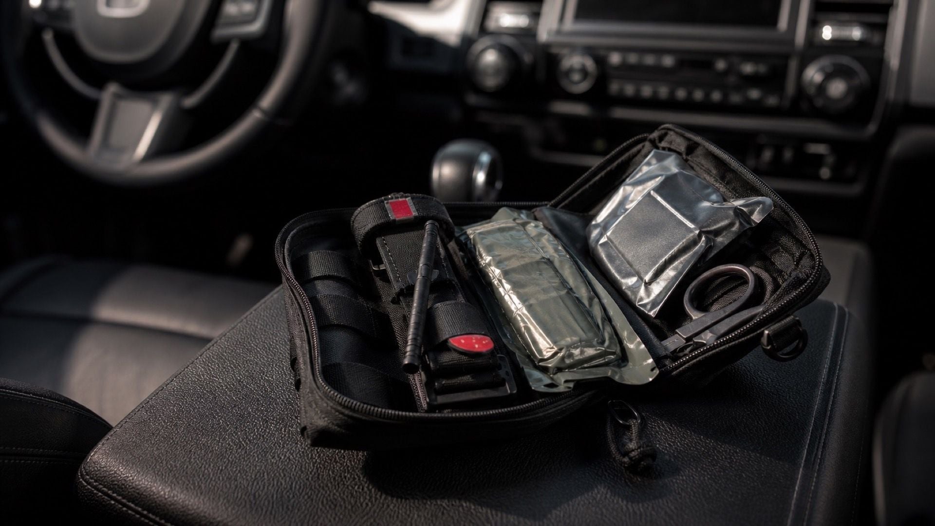 Roadside trauma first aid supplies staged at a vehicle accident scene