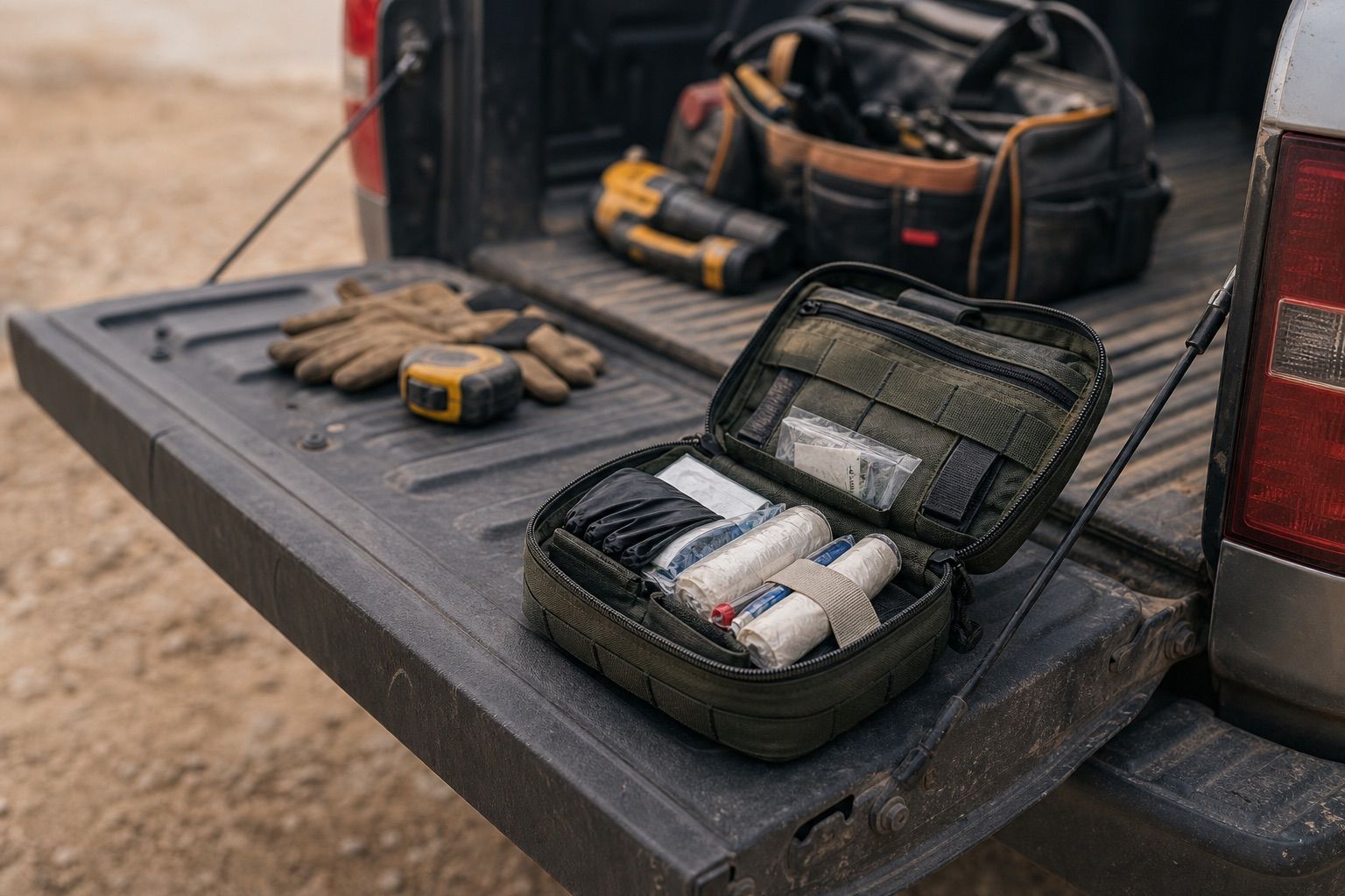 First aid kit stocked in truck cab for work travel and remote driving