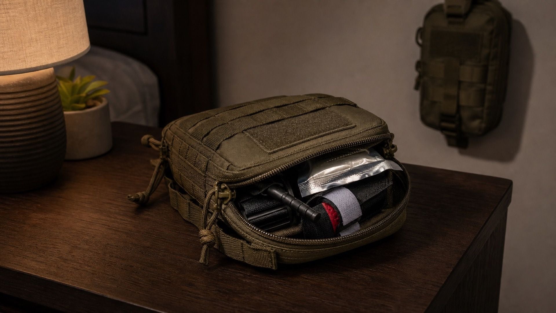 Home defense trauma kit staged in ready position inside residence