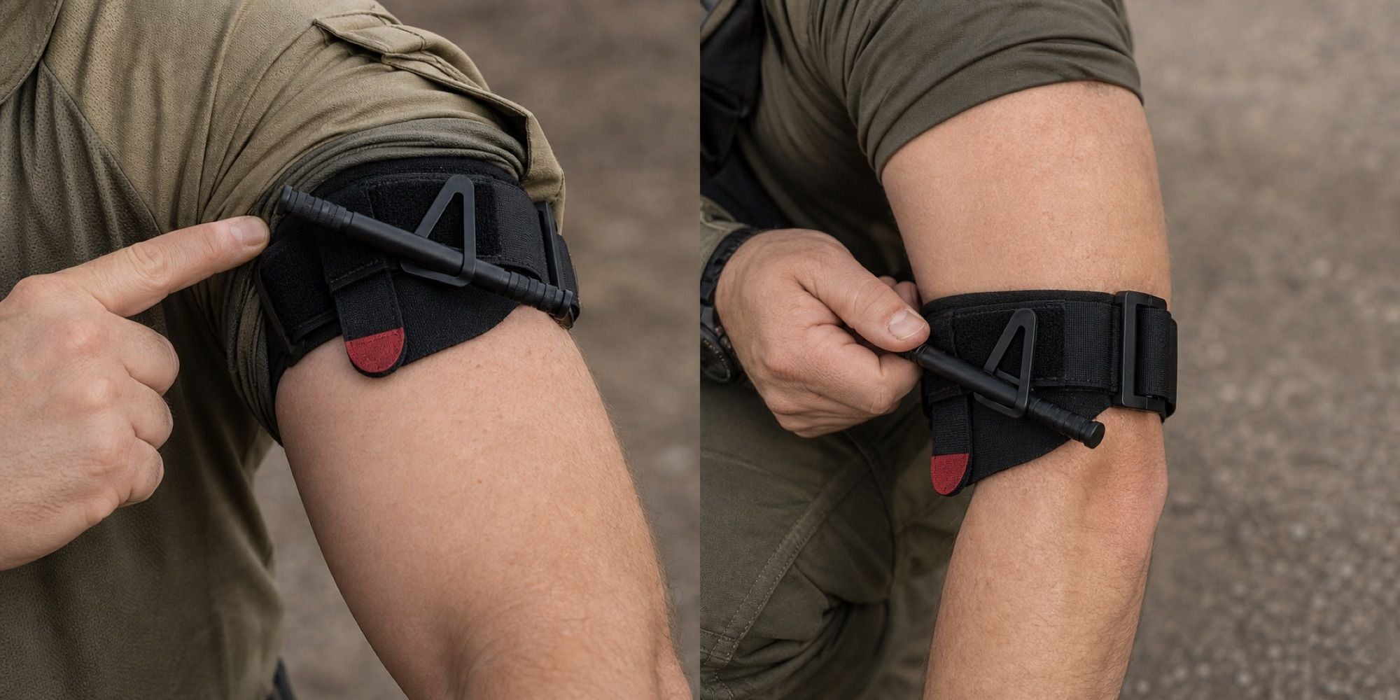 Person demonstrating tourniquet placement techniques on the arm with emphasis on high and tight positioning.