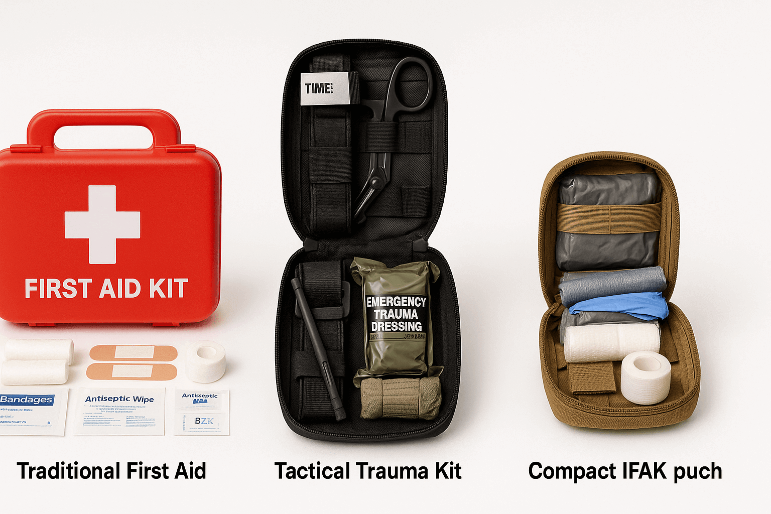 How to Use Your HSA or FSA to Invest in a Quality First Aid Kit featuring traditional first aid, tactical trauma kit, and compact IFAK pouch.