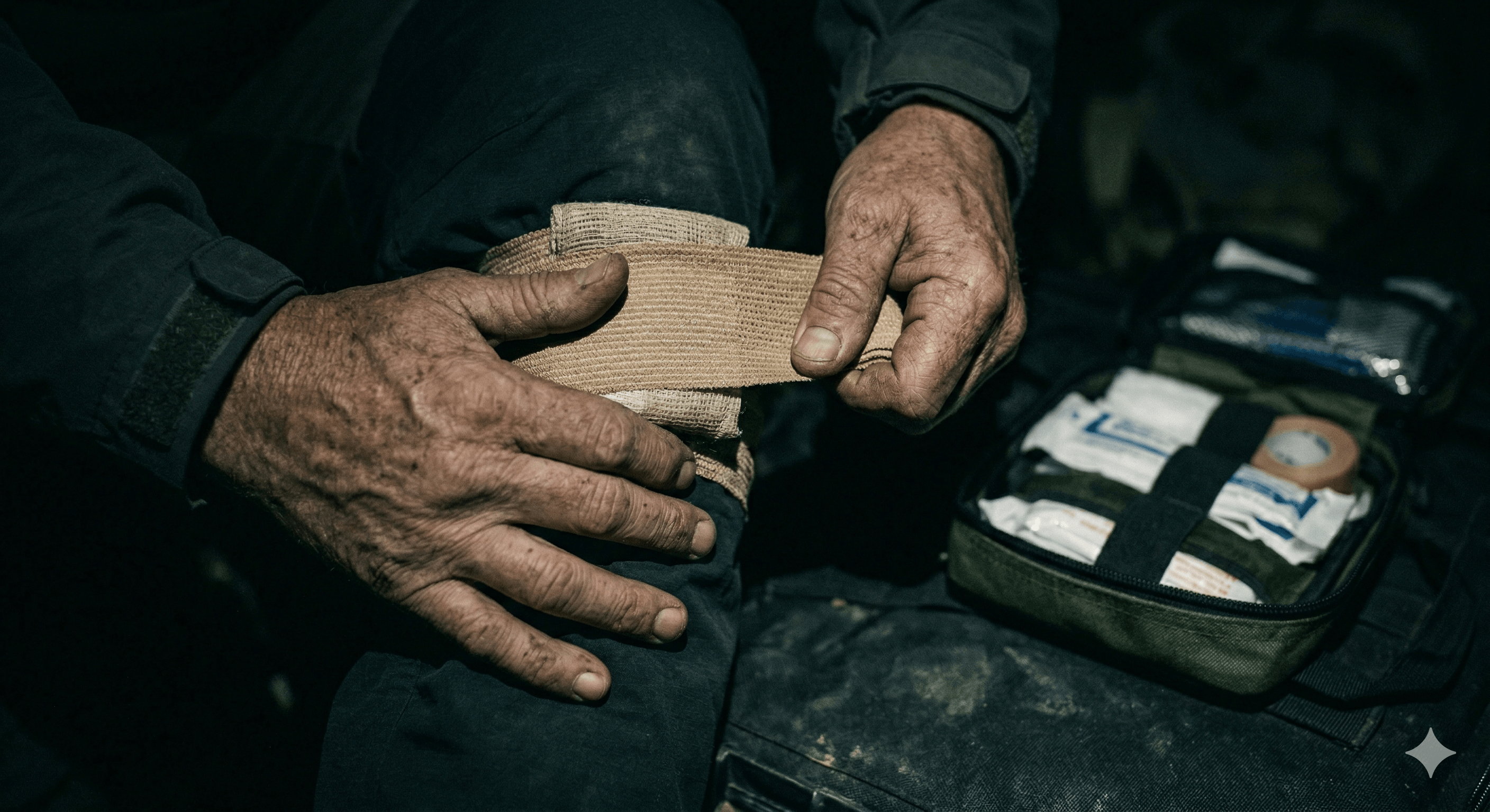A person applying a bandage with a first aid kit nearby, relevant for buying a first aid kit.