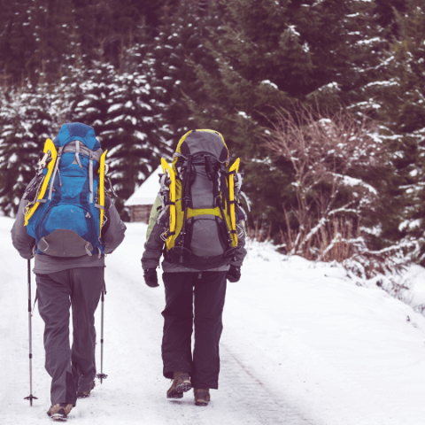 Two hikers with backpacks walking on a snowy trail, representing Winter Survival 101: How to Prevent Hypothermia and Frostbite Outdoors.