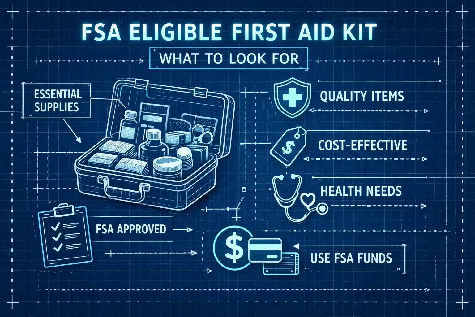 FSA-Eligible First Aid Kits infographic showing essential supplies and cost-effective options for FSA approval.