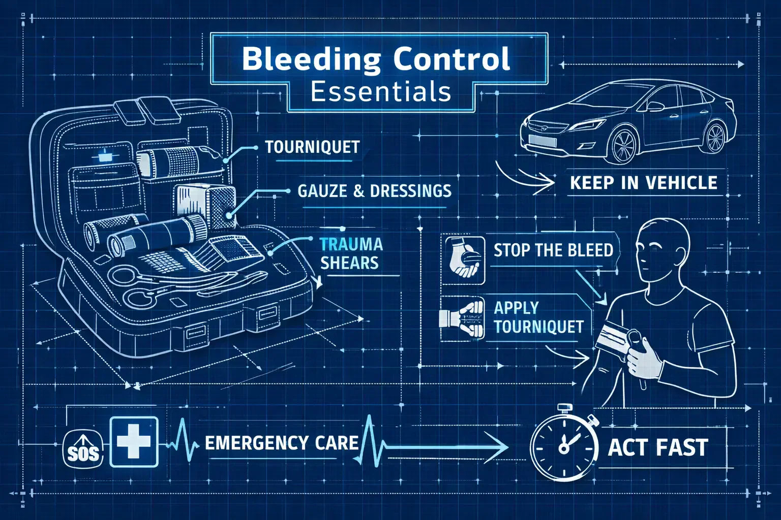 Car Trauma kit essentials for bleeding control with tourniquet, gauze, and emergency care tips.