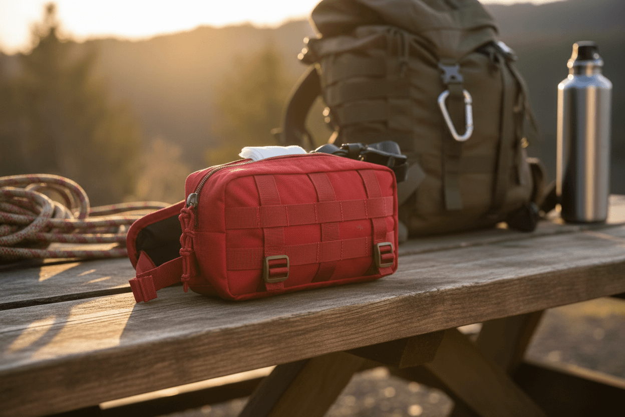 A red first aid kit on a wooden table during the golden hour, emphasizing the importance of The Golden Hour after trauma.