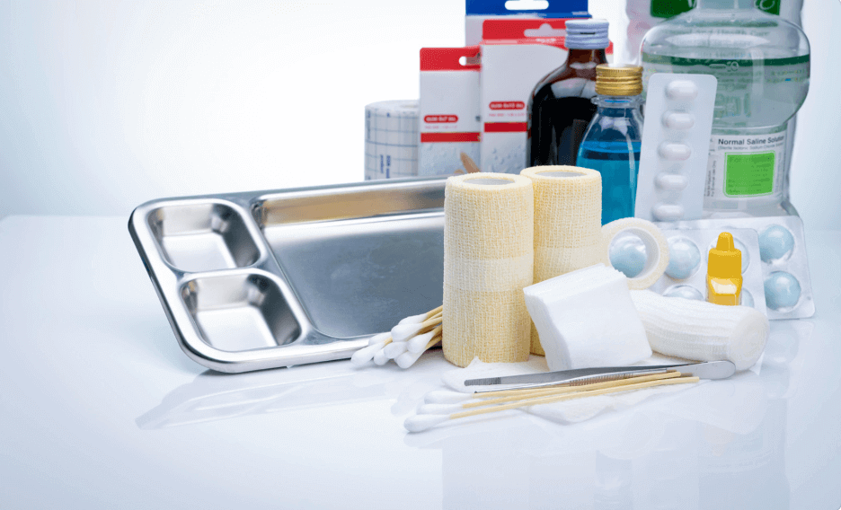 Medical supplies including gauze, antiseptics, and bandages, showcasing tools needed for emergency care.