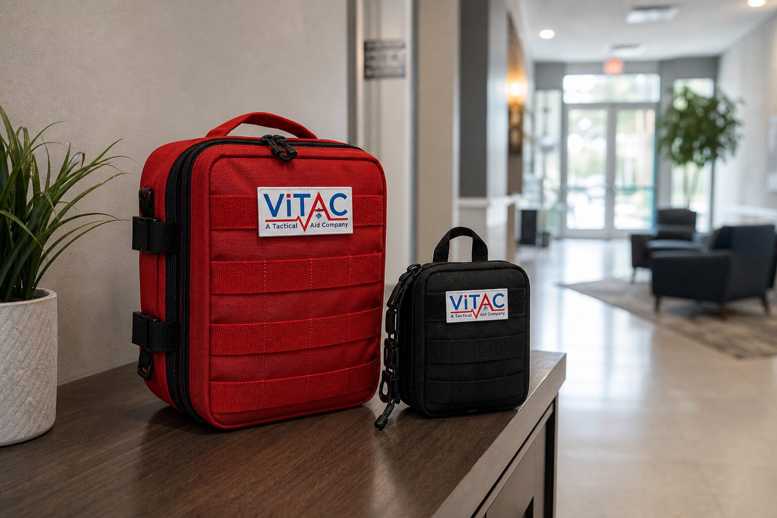 Bleed control kit and first aid kit placed side by side showing key differences in components and emergency application
